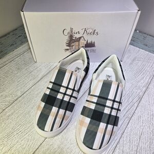 Farmers Almanac Check Cabin Kicks Shoes Slide On Canvas SIZE 5 Green/Tan Plaid